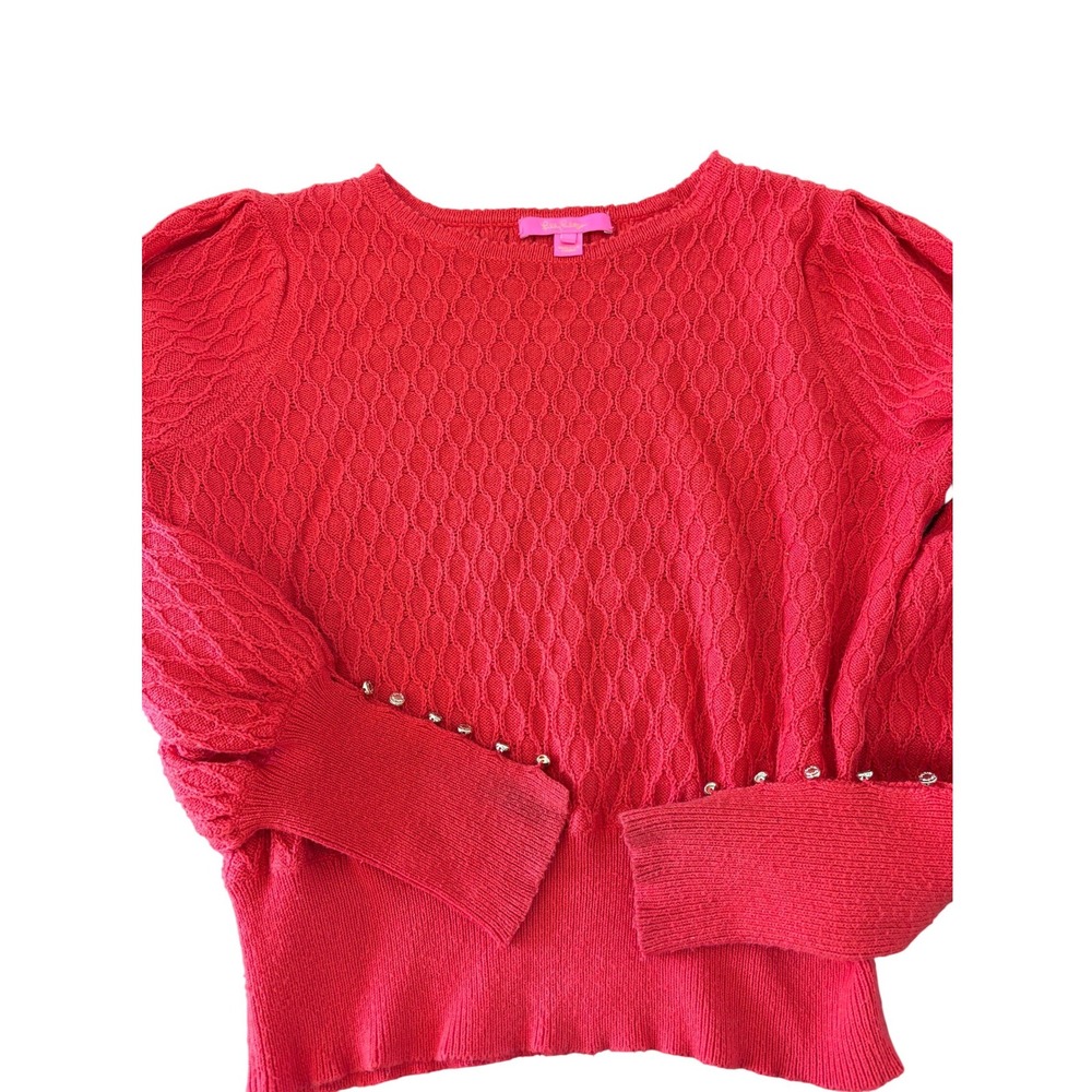 Lilly Pulitzer Red Honeycomb Knit Puff Sleeve Button Cuff Sweater 007002 Large - Picture 10 of 10